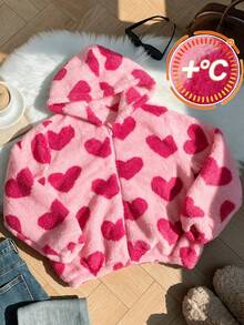 Lurzo Sweet & Cute Heart Pattern Hooded Zip-Up Plush Jacket, Soft & Warm & Comfortable, Suitable For Young Girls, Perfect For Autumn Outdoor Wear - Pink - View 4