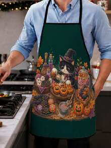 1pc Halloween Black Cat & Pumpkin Theme Apron, Suitable For Kitchen Daily Decoration, Exquisite Printed Design, Holiday Party Tableware Display, Baking Gathering Decoration, Halloween Autumn Decorative Supplies - Multicolor 2 - View 3