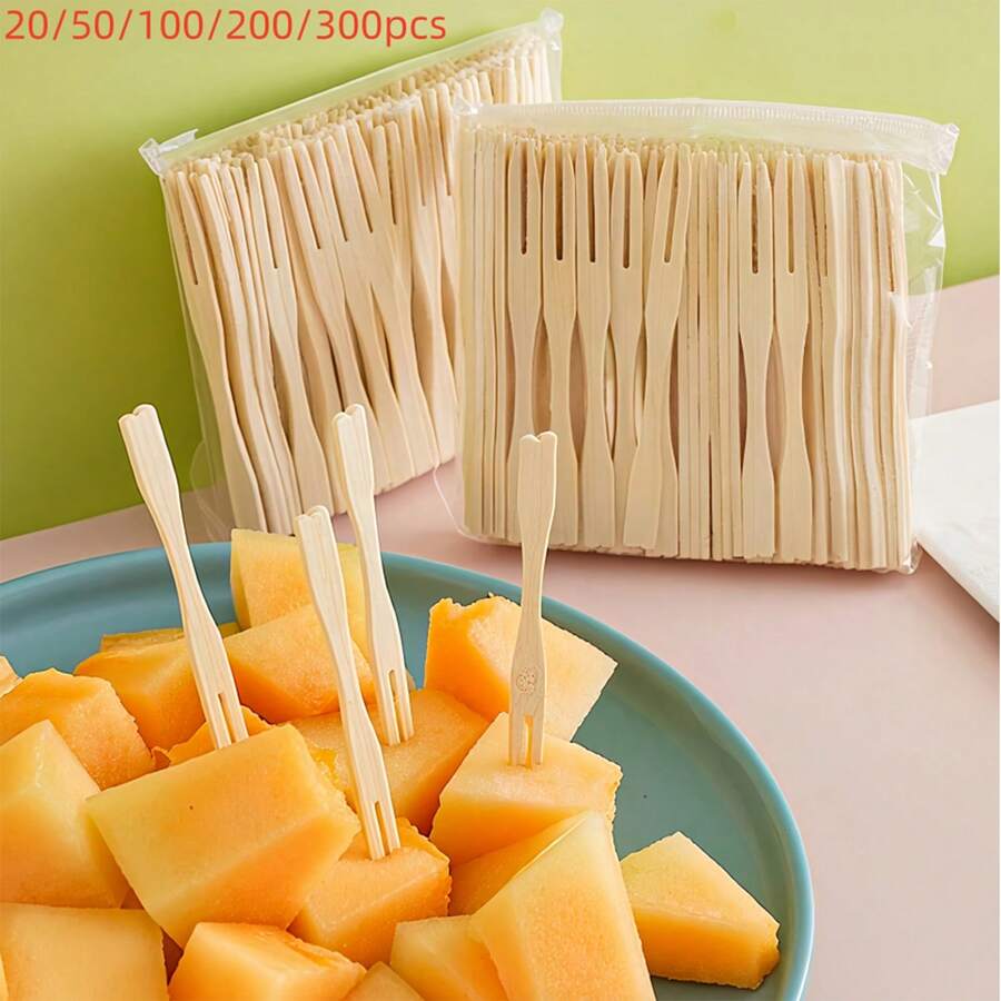 20/50/100/200/300支心形竹製一次性水果叉、點心叉、甜點叉，一次性派對餐具，烘焙用品，適用於生日派對、營火、燒烤、野餐露營、婚禮宴會、母親節、節日派對活動