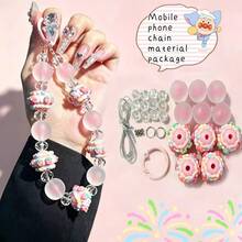Pink/Blue/White/Green/Purple Round Bead Handmade Phone Chain Material Kit, Featuring Rubber-Feel Jelly Beads, Glass Beads, Cute Hand-Painted Beads, Metal Rings, CCB Spacer Beads And One String - Multi-color (1 DIY Material Kit) - View 11