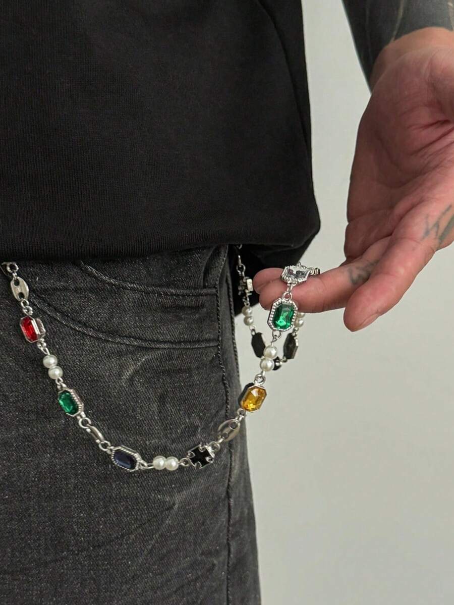 1pc Vintage Distressed Gold-Tone Rhinestone Pant Chain, Baroque Oval Gemstone Patchwork Denim Wallet Chain, Medieval Gothic Unisex Waist Chain, Suitable For Denim Streetwear Accessories - White K - View 1