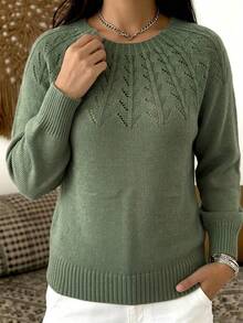 Plus Size Women's Loose Casual Round Neck Long Sleeve Knit Sweater, Textured Pattern Minimalist Design, Versatile Everyday Style - Green - View 7