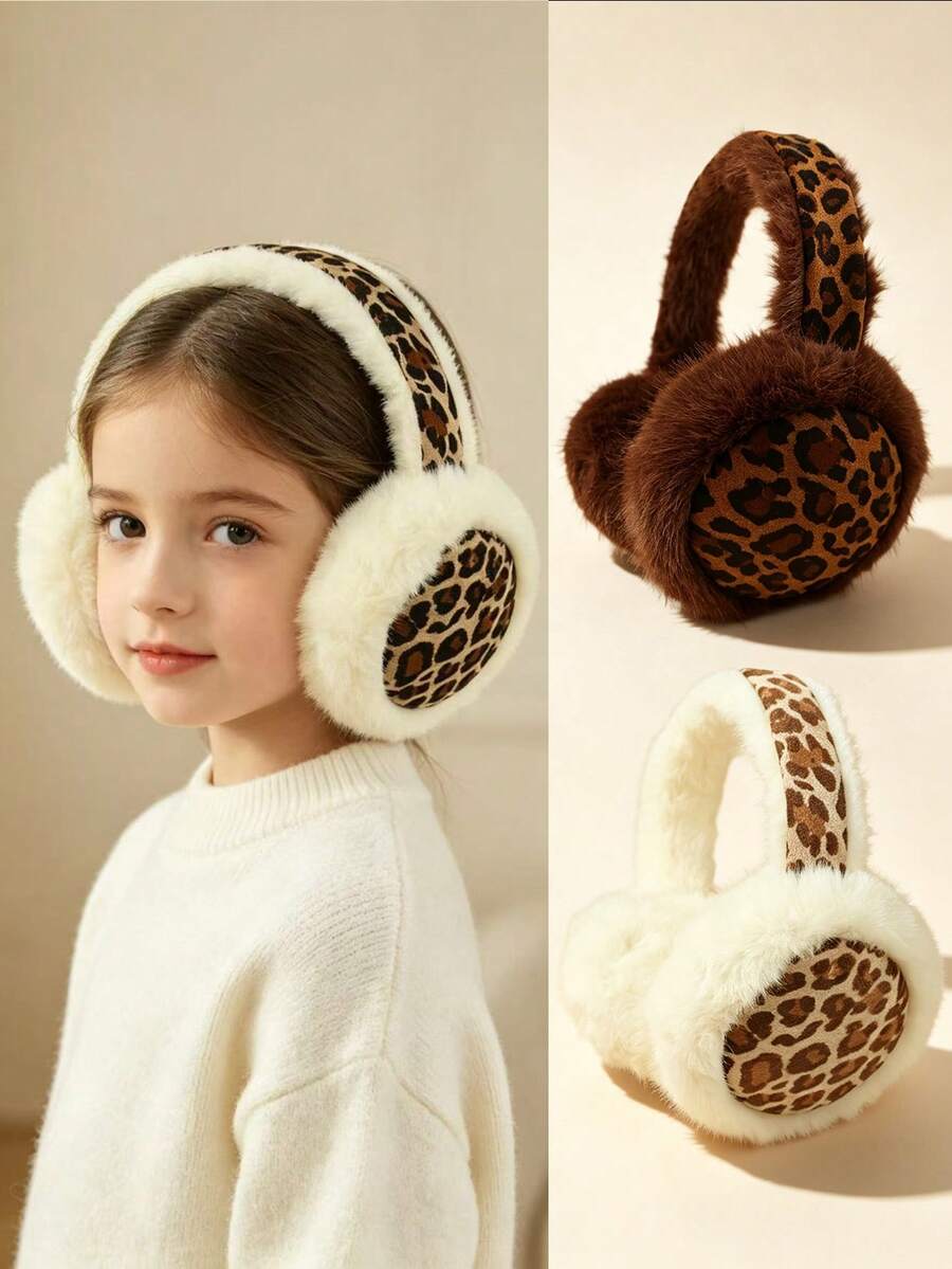 1pc Kids Warm Plush Decorative Earmuffs, Leopard Print Soft Ear Covers, Suitable For Winter Outdoor Wear - Multicolor - View 1