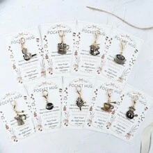 9pcs Creative Novel Alloy Coffee Series Theme Keychains, With Pocket Hug Coffee Greeting Cards, Perfect Gift For Coffee Lovers, Best Friends, Cute Bag Accessories, Suitable For Friends, Family, Colleagues, Party Gatherings - Multicolor - View 4