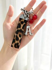 26 Alphabet Car Keychains, Silver Letter Zinc Alloy Accessories, Leopard Print Cherry Pendant, PU Rope Car Lock Key Fob, Car Remote Control Hanging Decoration, Bag Decoration Pendant, Car Key Ring, Key Chain Key Accessories. Holiday Gift, - Letter - View 4