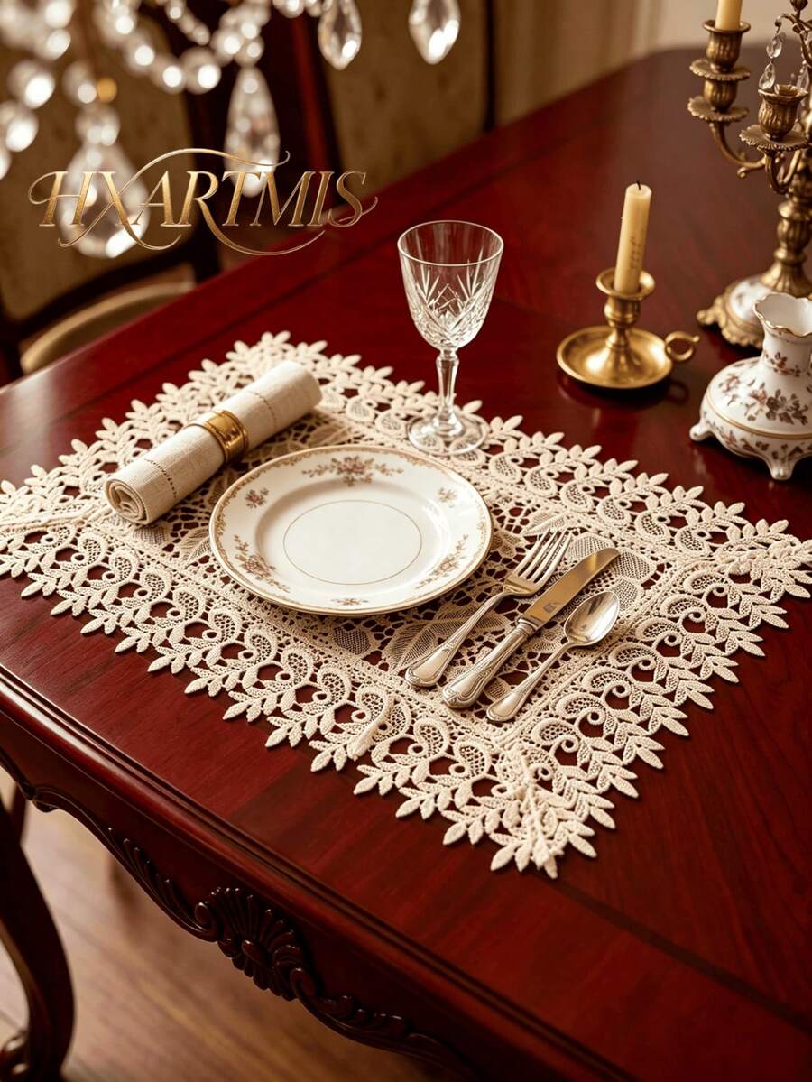 Brown Vintage Water-Soluble Hollow Embroidery Placemat, Hollow Floral Rectangular Table Mat, Elegant Leaf-Shaped Scalloped Lace Table Mat, Suitable For Dining Table, Wedding Banquet, Home Decor - Gold - View 1