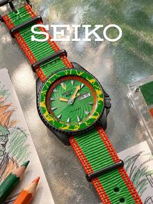 Seiko Men's Sports Automatic Watch Street‑Style Green‑Yellow Crackle‑Pattern Bezel Swirl‑Textured Dial Day‑Date Window Green‑Red Striped Nato Strap - Green - View 5