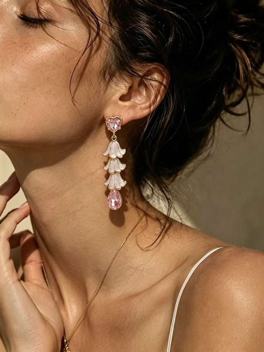 1 Pair Vintage Bell Flower Dangle Earrings, Gold Plated Layered White Enamel With Pink Heart Teardrop Rhinestone Drop Earrings For Women - Multicolor - View 1