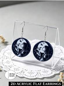 1Pair Dark Blue Moon Witch Lady Round 2D Flat Acrylic Dangle Earrings For Women Halloween Party Decor No Box. - Witch - View 3