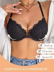 Women's Front Closure Lace Underwire Push-Up Bra, Beautiful Back Design, Breathable & Comfortable, Lift & Push-Up, Suitable For Daily Casual Wear, Comfortable & Confident - Black - View 6