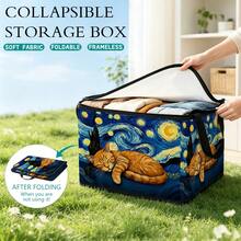 1pc Thick Non-Woven Fabric Art Famous Painting Cat Collection Printed Double Handle Zipper Storage Box Large Capacity Multifunctional Home Storage Basket Suitable For Bedroom Dorm Bathroom Can Be Used As Laundry Bask - Multi-color - View 4
