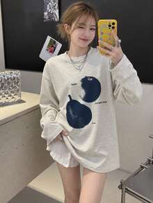 Women's Fashion Autumn/Winter Loose Round Neck Casual Versatile Fruit Print Long Sleeve T-Shirt - Light Gray - View 3