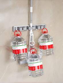 1 Piece Space-Saving Wall-Mounted Mop Broom Hanger Rack, Slim Grey Waterproof No-Punch Utility Tool Organizer With Hooks For Tiny Apartment Balcony Bathroom, New Year Moving Season Home Essentials - Multicolor - View 7