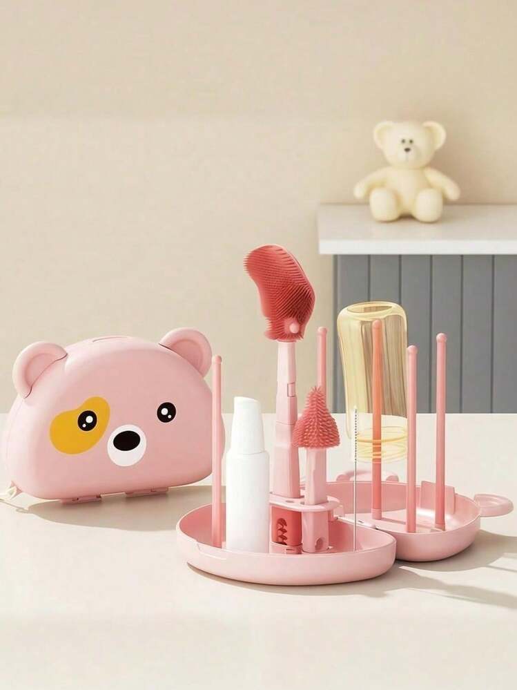 家用清潔杯刷套組/便攜式瀝水架/廚房必需品/新生兒必需品/嬰兒奶瓶刷套組，小巧尺寸/防塵耐摔/包含：奶瓶刷/吸管刷/瀝水架/奶嘴刷/分裝瓶 - 彩色 - 查看 4