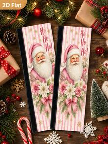 1/2Pcs Christmas Refrigerator Handle Covers, Pink Santa Claus & Poinsettia Pattern, With Hook And Loop Fastener, Suitable For Refrigerator, Oven, Microwave, Dishwasher, Christmas Kitchen Decor - View 5