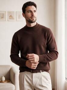 Men's Crew Neck Long Sleeve Solid Color Minimalist Casual Lightweight Knit Sweater For Fall & Winter - Coffee Brown - View 2
