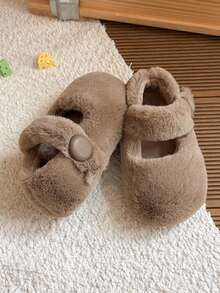 Autumn/Winter Girls' Cloud-Feel Indoor/Outdoor Fuzzy Slippers With One-Strap Round Buckle Hook-And-Loop Design, Soft Warm House Shoes - Khaki - View 2