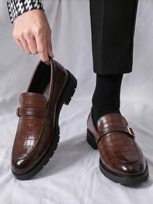 Men Crocodile Embossed Buckle Decor Monk Strap Dress Shoes Formal Shoes For Wedding Party - Brown - View 2