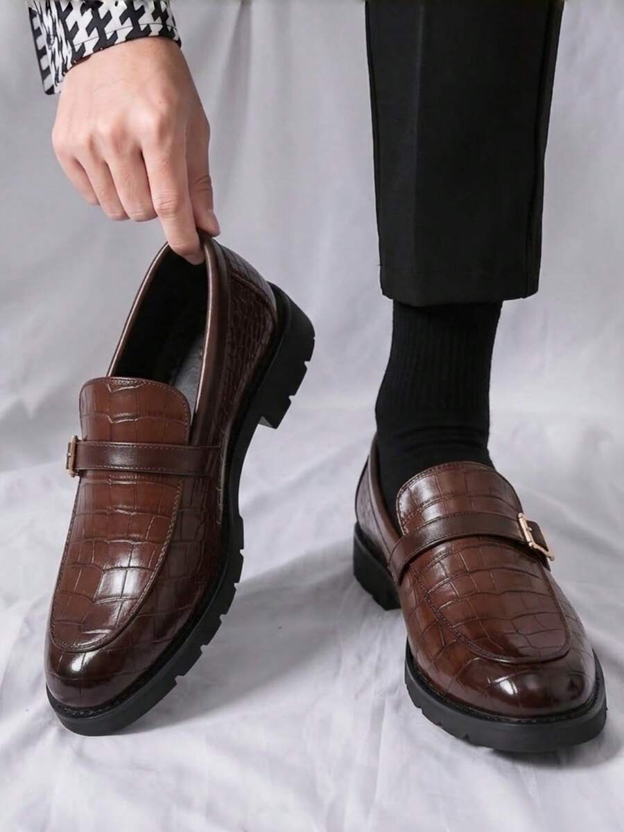 Men Crocodile Embossed Buckle Decor Monk Strap Dress Shoes Formal Shoes For Wedding Party
