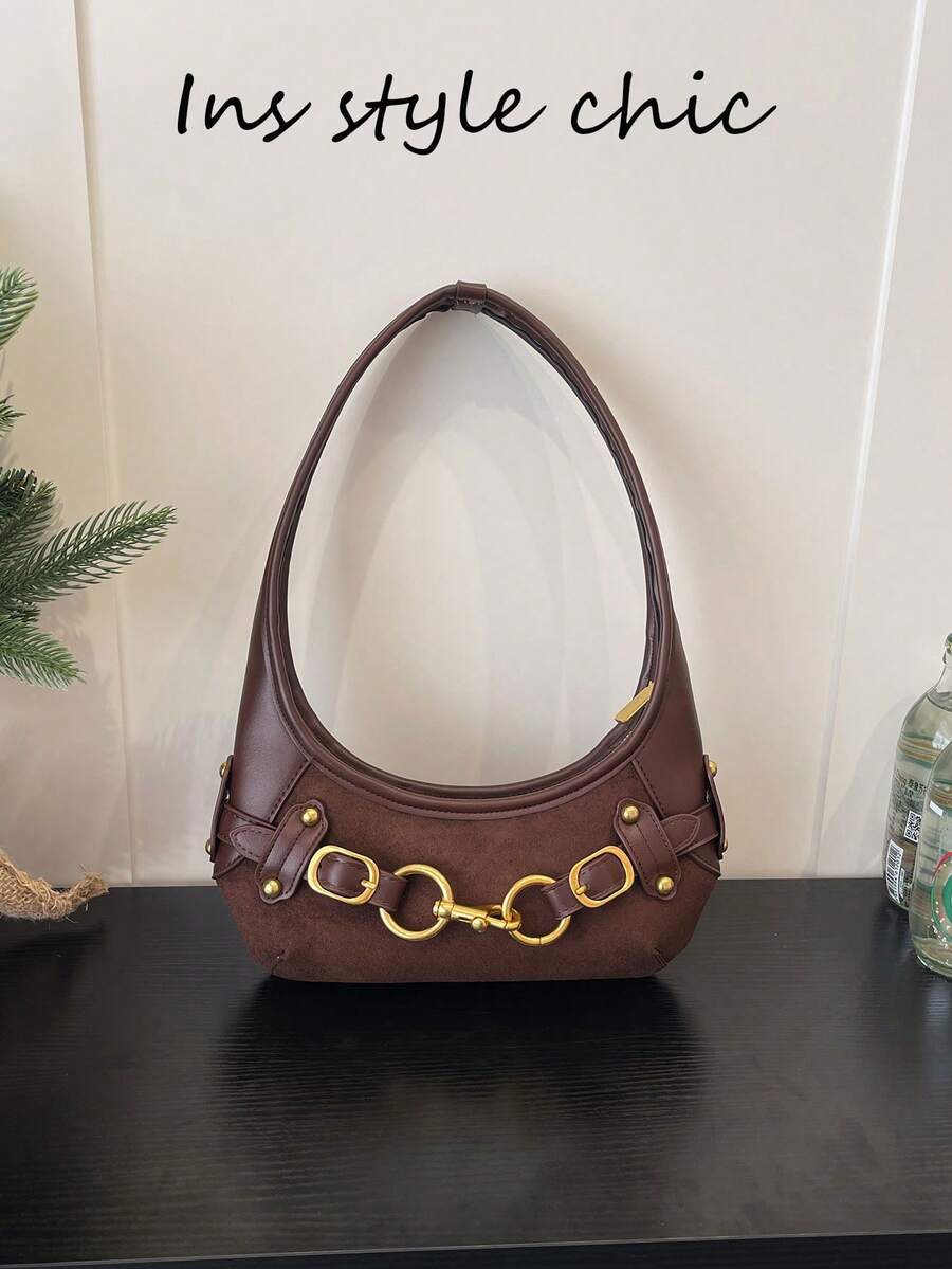 Classic Curved Body Metal Chain Decor Vintage Texture Shoulder Bag, Integrated Handbag Strap, Can Be Worn Underarm, Zipper Closure, Moderate Capacity Can Store Basic Personal Items, Unique Design Suitable For Daily Outings, Easily Enhance Overall Outfit Atmosphere - Coffee Brown - View 1