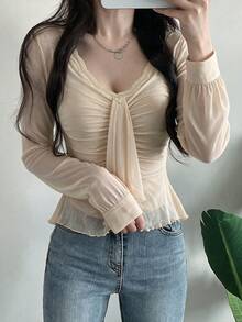 Soft Pure Desire V-Neck Lace Patchwork Twisted Ribbon Fitted Sun-Protective Layering Long Sleeve Top, Early Autumn New Arrival, Suitable For Coffee Dates, Bestie Gatherings, Short Trips And Shopping - Apricot - View 2