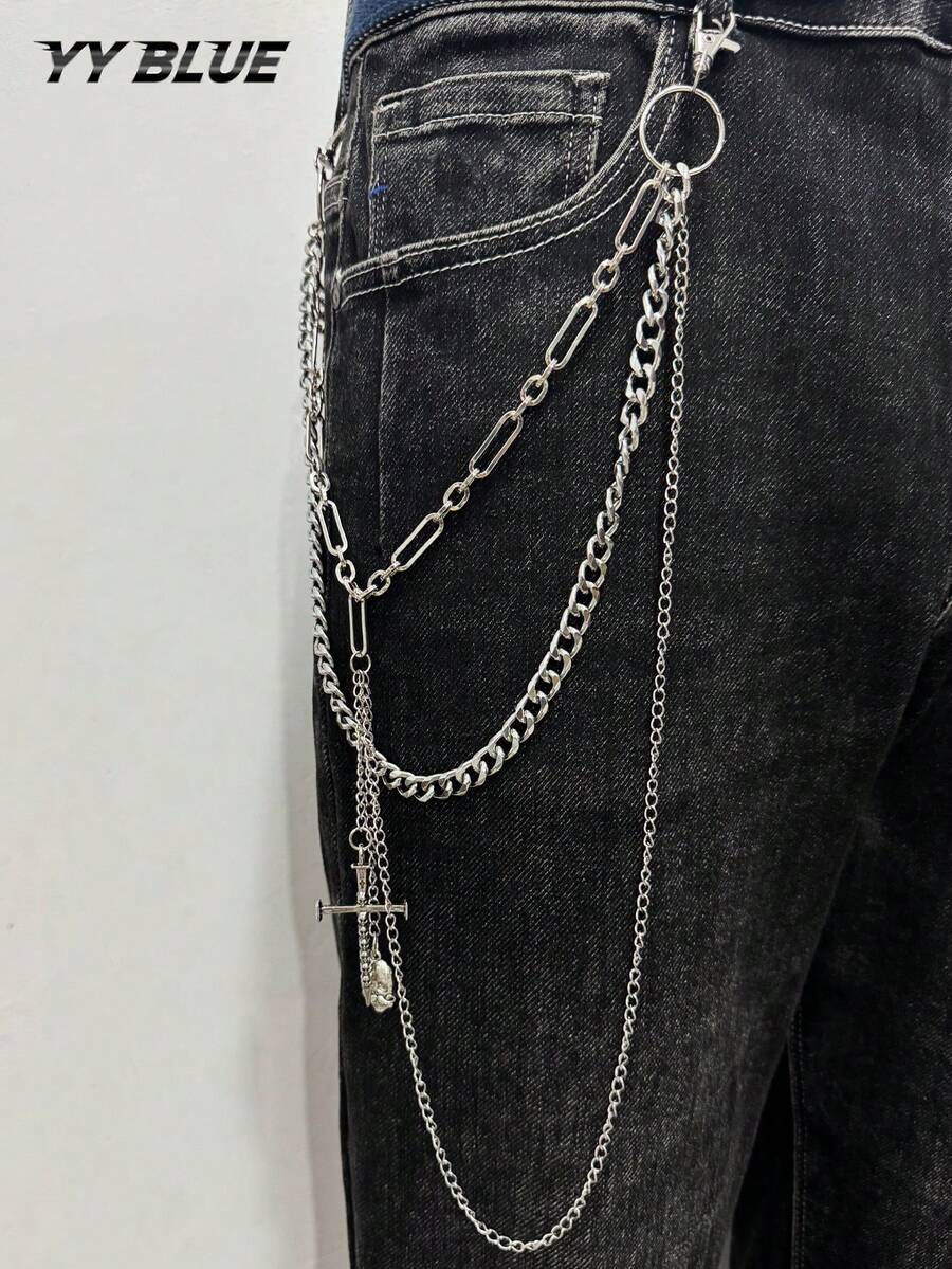 1pc Fashion Gothic Men's Pants Chain, Metal Chain With Skull And Cross Pendant, Clothing Accessory, Waist Chain Pants Chain Suitable For Men And Women, Halloween Jewelry - Multicolor - View 1