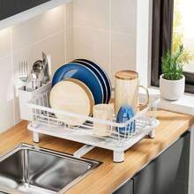 Rak Pengeringan Piring Countertop Dengan Pemegang Utensil, Penyelenggara Penguras Piring & Mangkuk Kompak, Tempat Penyimpanan Wastafel Dapur Hemat Ruang, Rak Penguras Alat Makan Rumah Tangga Untuk Dapur Kecil, Aksesori Dapur Apartemen Rak Penyimpanan Sink Serbaguna - Putih - View 5