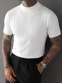 Men's Classic Half-High Neck Vertical Striped Short Sleeve Sweater, Suitable For Daily Theme Events And Business Dinners - White - View 2