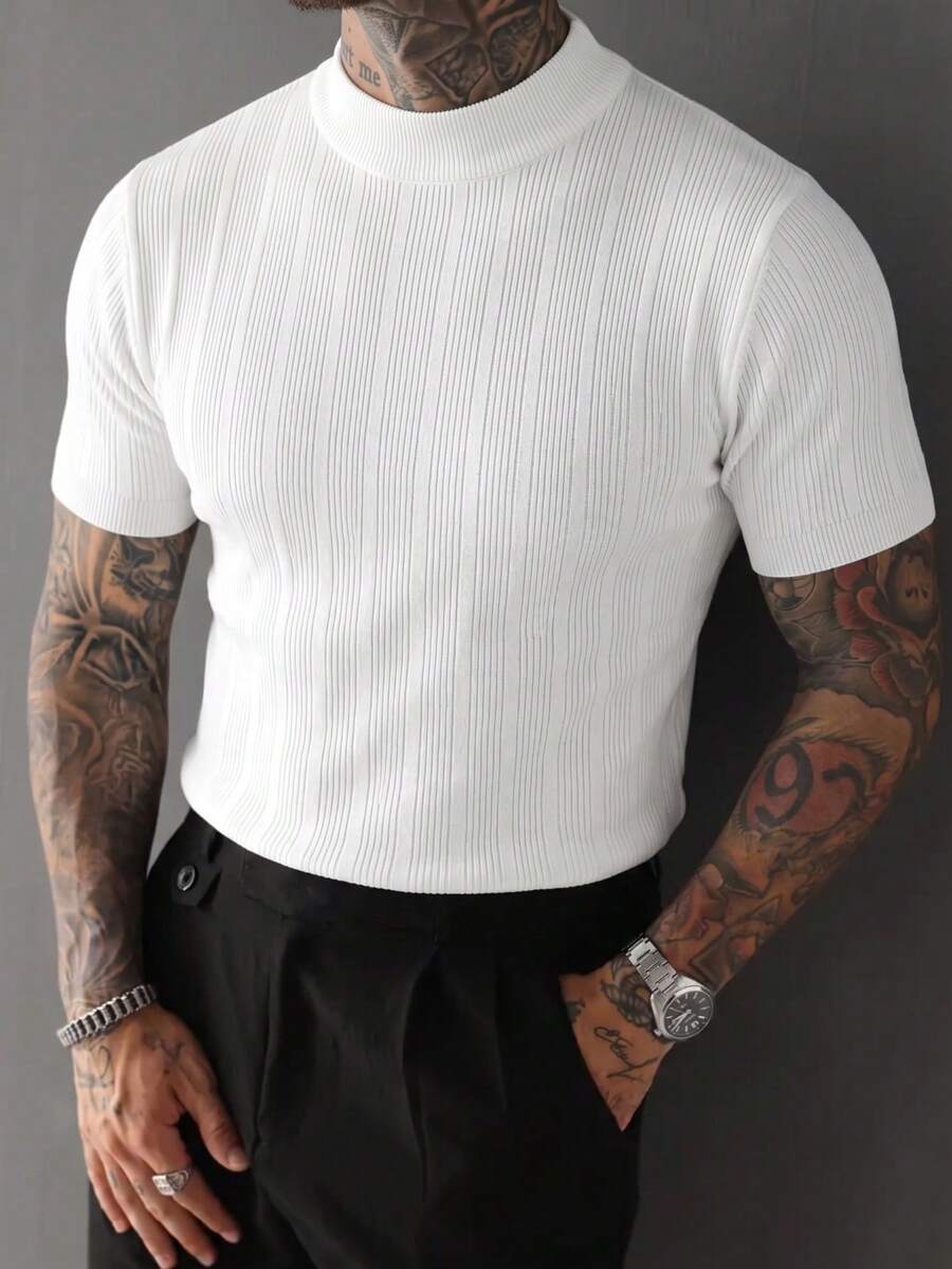 Men's Classic Half-High Neck Vertical Striped Short Sleeve Sweater, Suitable For Daily Theme Events And Business Dinners