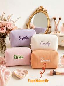 1pc Embroidered Corduroy Makeup Bag, Jewelry Storage Pouch, Customizable Letter Pattern, Personalized Bridesmaid Gift, Cute Travel Toiletry Bag, Unique Birthday Gift - Multicolor - View 1