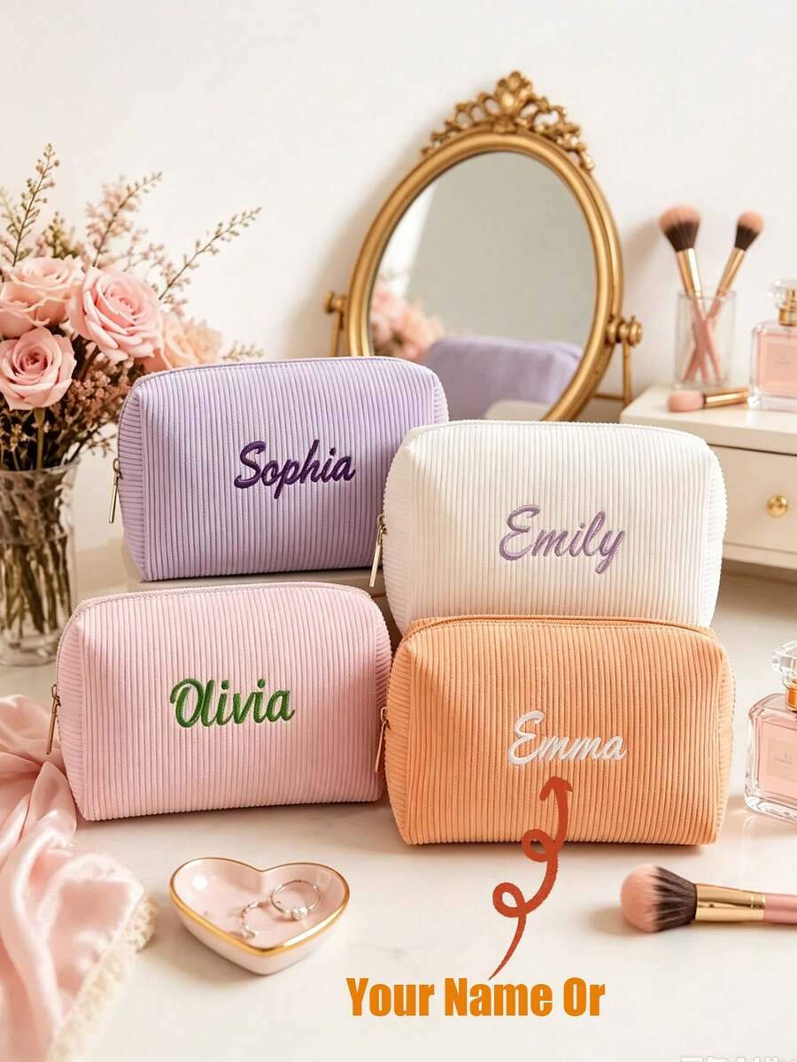 1pc Embroidered Corduroy Makeup Bag, Jewelry Storage Pouch, Customizable Letter Pattern, Personalized Bridesmaid Gift, Cute Travel Toiletry Bag, Unique Birthday Gift - Multicolor - View 1