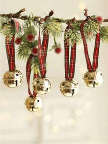 6pcs Christmas Bells, Gold Metal Bells With Red Plaid Ribbon, 3.7 Inch Large Crisp Sounding Bells Decoration, Suitable For Christmas Tree, Wreath, Gift Wrapping And Holiday Home Decor - Multiple Styles - View 2