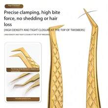 1pc Nagrakku Precision Fiber Pointed Tweezers, Gold Eyelash Extension Tweezers, Diamond Anti-Slip Textured Curved Tip Eyelash Tweezers, Stainless Steel Dolphin Shaped Eyelash Extension Makeup Tool - Gold - View 3