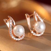Women's Elegant Curved Earrings, Embellished With Faux Pearls, Perfect Jewelry Gift Choice - Gold - View 4