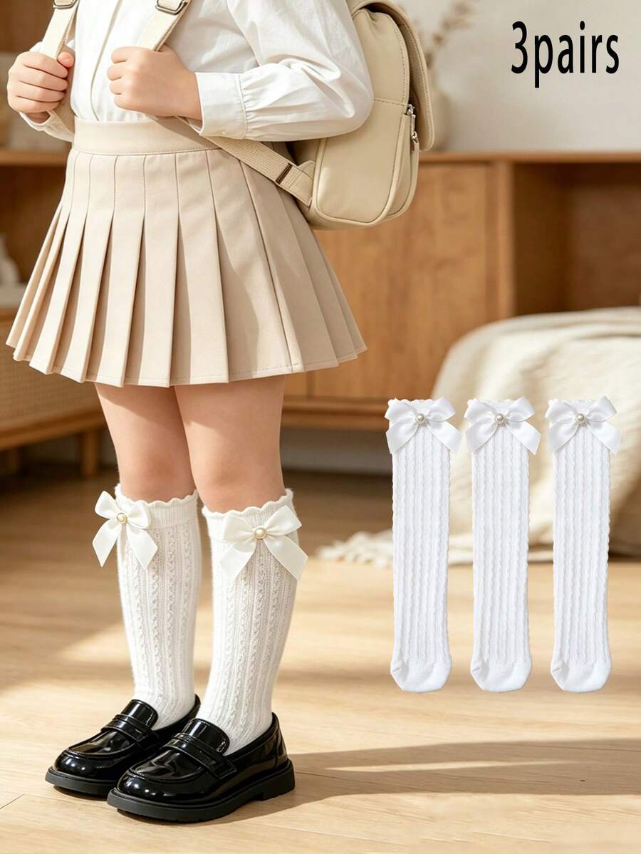 3 Pairs Girls' Bow Decor Cable Knit Knee-High Socks, No Heel Over-The-Knee Socks, Suitable For 1-8 Years Old Girls, Versatile For Daily Wear And Back To School Season - White - View 1