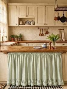 1pc Minimalist Retro Green & White Striped Table Skirt, Ruffle Edge Lightweight Half-Curtain To Hide Cabinet Clutter, Suitable For Entryway Cabinet, Window Sill, Sideboard, Washbasin, Kitchen, Balcony, Bay Window - Green - View 1