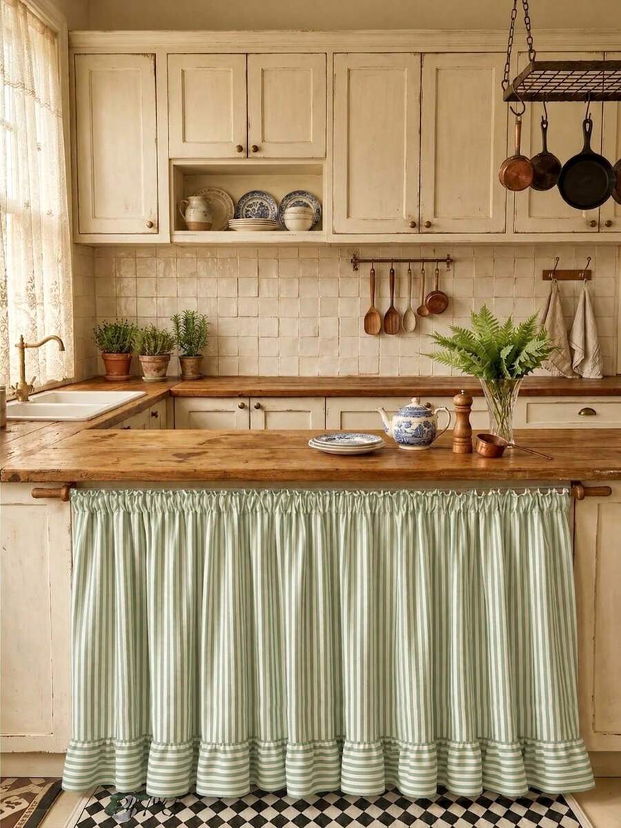 1pc Minimalist Retro Green & White Striped Table Skirt, Ruffle Edge Lightweight Half-Curtain To Hide Cabinet Clutter, Suitable For Entryway Cabinet, Window Sill, Sideboard, Washbasin, Kitchen, Balcony, Bay Window - Green - View 1