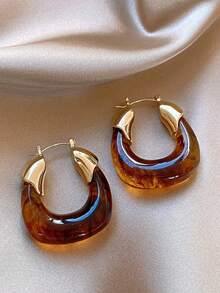 1 Pair Vintage Amber Brown Resin Earrings, Unique Design Copper U-Shaped Earrings, Minimalist Versatile Earrings - Brown - View 4
