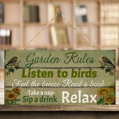 1pc Garden Rules Wooden Hanging Sign, Rustic Garden Wall Decor With Bird & Flower Print, Hanging Plaque For Patio, Yard, Porch, Outdoor Home Decoration