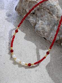 1 buah Kalung Wanita Manik Batu Mutiara Baja Tahan Karat, Modis dan Serbaguna untuk Pemakaian Sehari-hari - Merah-N1512 - View 3