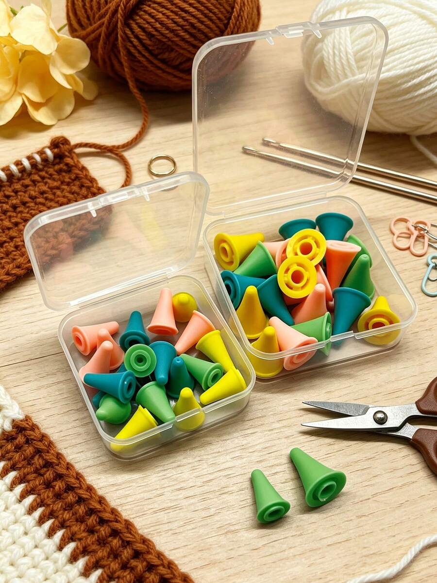 20 pcs Pelindung Ujung Jarum Rajut Silikon Cerah Warna Campuran Hijau Kuning Biru Pink dengan Kotak Penyimpanan Ringkas, Desain Anti Selip Mengunci Jahitan dengan Aman, Cocok untuk Rajutan Jarum Lurus dan Pengrajin yang Sering Bepergian - Sweater dan topi - View 1