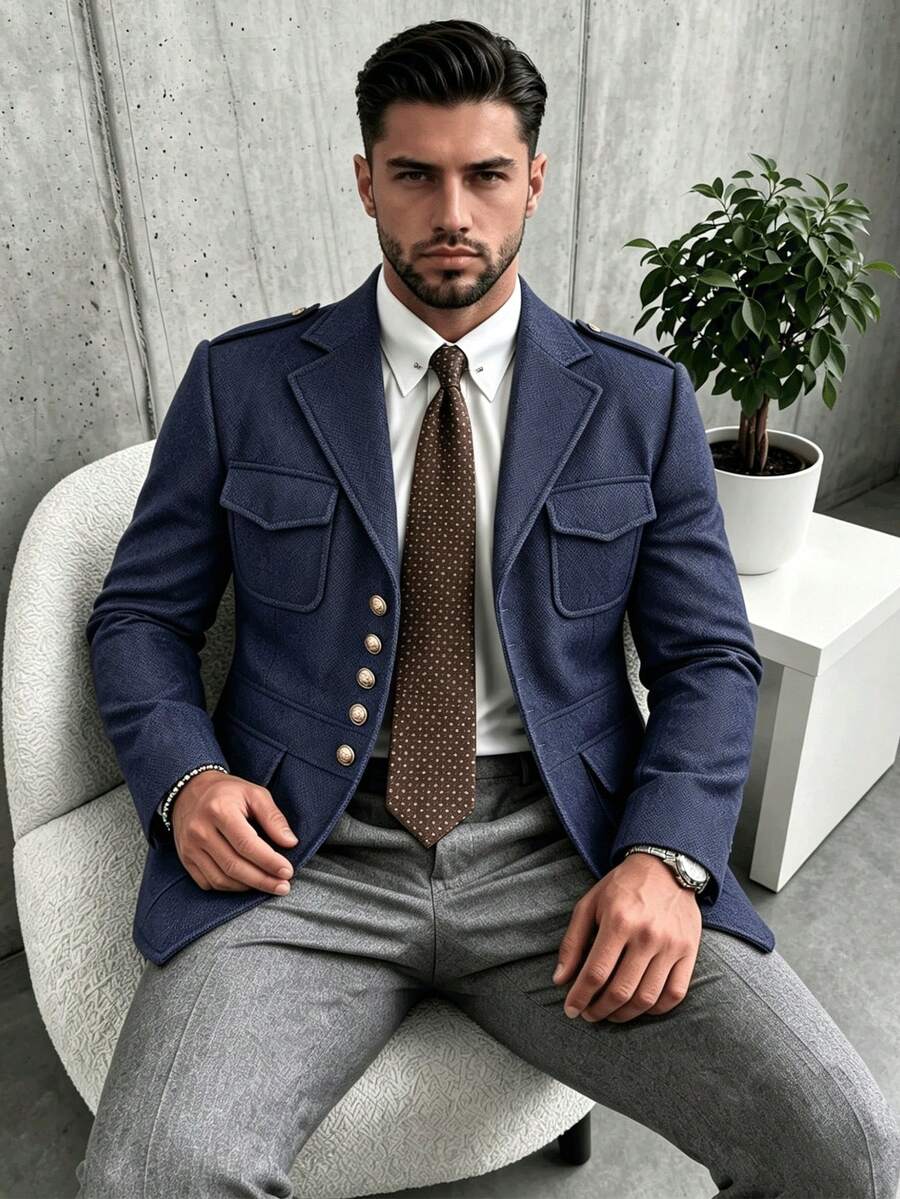 Blazer Pria Warna Biru Tua Gaya Vintage Berburu, Desain Kasual Modis, Jaket Jas Musim Semi/Gugur untuk Pemakaian Sehari-hari - Navy Blue - View 1