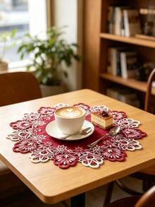 1PC Polyester Festive Burgundy Fall And Winter Velvet Center Lace Cutwork Placemat Round Floral Embroidered Table Mat For Holiday Party Dinner Decoration - Red - View 9