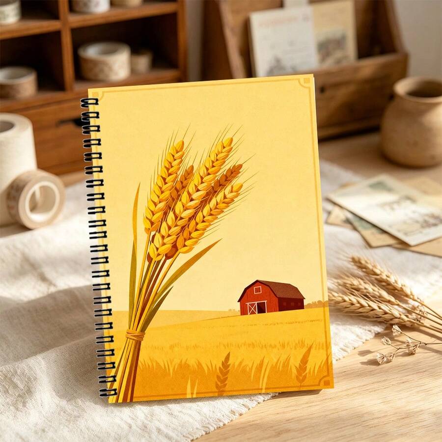 A5 "Golden Wheat Waves" Spiral Bound Notebook (100 Pages) - Autumn Farm Barn Themed Coil Notebook, Rustic Pastoral Style Journal For Students And Nature Lovers