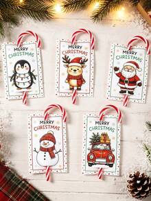 48pcs Christmas Candy Cane Gift Cards With Bow, Santa Claus Penguin Reindeer Snowman Pattern Candy Cane Holder Labels, Christmas Gift Packaging, Merry Christmas Labels, Baby Shower Christmas Party Favors, Christmas Decorations, Home Decor, Merry Christmas Gifts, Christmas Baby Party Supplies - Multicolor - View 6