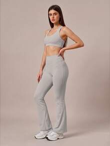 6pecil High Waist Flared Yoga Pants With Pockets, Ruched Butt Flared Pants, Tummy Control Anti-Wrinkle Design Sports Flared Pants, Autumn Outfit - Light Grey - View 9