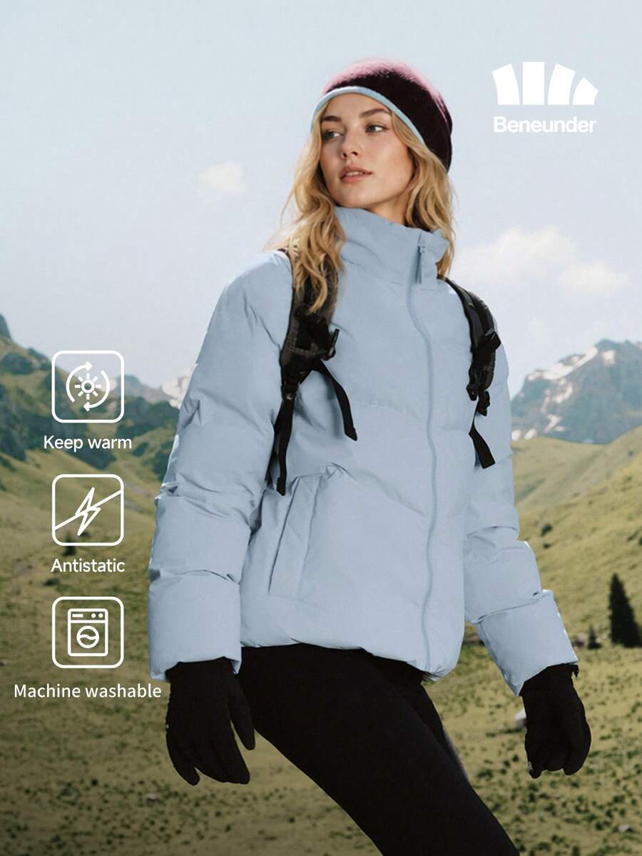 Beneunder Women's Fluffy White Down Coat (Stand Collar, High Warmth) PF004 - Crescent Blue - View 1
