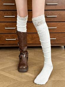 1 Pair Women's Colorful Lace Bow Loose Ballet Style Knee-High Socks, Cute And Versatile White Socks Essential For Autumn/Winter - Multicolor - View 2