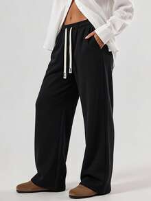 KyrLssu Women Drawstring Elastic Waist Wide Leg Sweatpants, Loose Straight Casual Trousers With Decor Drawstring & Side Pockets, Daily Street Loungewear Pants - Black - View 3