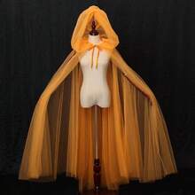 1pc High Quality Halloween Carnival Double Layer Mesh Transparent Hooded Cape Witch Costume Vampire Bride Solid Color Cloak For Adults - Multicolor - View 3